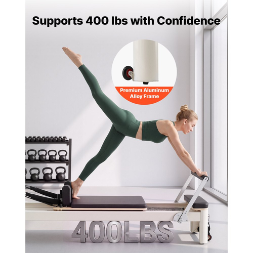 Μηχανή Pilates VEVOR Pilates Reformer 2,3 μέτρων, χωρητικότητας 181 κιλών, από κράμα αλουμινίου, για οικιακή χρήση και προπόνηση σε γυμναστήριο, με σανίδα άλματος, ελατήρια, πλαίσιο καθίσματος και ρυθμιζόμενο στήριγμα κεφαλής, για προχωρημένους αρχάριους χρήστες