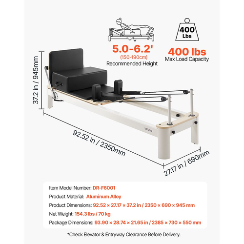 Μηχανή Pilates VEVOR Pilates Reformer 2,3 μέτρων, χωρητικότητας 181 κιλών, από κράμα αλουμινίου, για οικιακή χρήση και προπόνηση σε γυμναστήριο, με σανίδα άλματος, ελατήρια, πλαίσιο καθίσματος και ρυθμιζόμενο στήριγμα κεφαλής, για προχωρημένους αρχάριους χρήστες