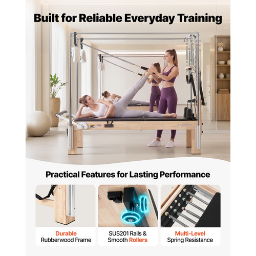 VEVOR Pilates Reformer με τραπέζι Cadillac Trapeze, μηχάνημα Pilates 2,4 m, για οικιακή χρήση και προπόνηση σε γυμναστήριο, 120 κιλά, από καουτσούκ, με πύργο, σανίδα άλματος, ελατήρια, κουτί καθίσματος, για προχωρημένους αρχάριους χρήστες