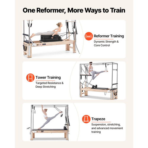 VEVOR Pilates Reformer με τραπέζι Cadillac Trapeze, μηχάνημα Pilates 2,4 m, για οικιακή χρήση και προπόνηση σε γυμναστήριο, 120 κιλά, από καουτσούκ, με πύργο, σανίδα άλματος, ελατήρια, κουτί καθίσματος, για προχωρημένους αρχάριους χρήστες